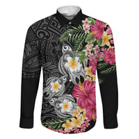 Hawaiian Tropical Flowers and Tribal Turtles Family Matching Off Shoulder Maxi Dress and Hawaiian Shirt Polynesian Art Motifs Black Color LT03 Dad's Shirt - Long Sleeve Black - Polynesian Pride
