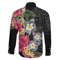 Hawaiian Tropical Flowers and Tribal Turtles Family Matching Off Shoulder Short Dress and Hawaiian Shirt Polynesian Art Motifs Black Color LT03 - Polynesian Pride