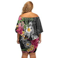 Hawaiian Tropical Flowers and Tribal Turtles Family Matching Off Shoulder Short Dress and Hawaiian Shirt Polynesian Art Motifs Black Color - Polynesian Pride