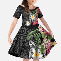 Hawaiian Tropical Flowers and Tribal Turtles Family Matching Puletasi and Hawaiian Shirt Polynesian Art Motifs Black Color LT03 Daughter's Dress Black - Polynesian Pride