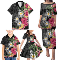 Hawaiian Tropical Flowers and Tribal Turtles Family Matching Puletasi and Hawaiian Shirt Polynesian Art Motifs Black Color - Polynesian Pride