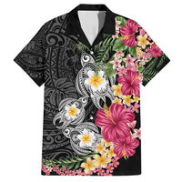 Hawaiian Tropical Flowers and Tribal Turtles Family Matching Puletasi and Hawaiian Shirt Polynesian Art Motifs Black Color - Polynesian Pride