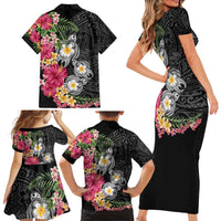 Hawaiian Tropical Flowers and Tribal Turtles Family Matching Short Sleeve Bodycon Dress and Hawaiian Shirt Polynesian Art Motifs Black Color - Polynesian Pride