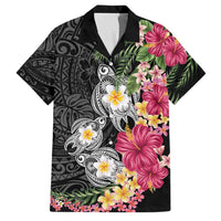 Hawaiian Tropical Flowers and Tribal Turtles Family Matching Short Sleeve Bodycon Dress and Hawaiian Shirt Polynesian Art Motifs Black Color LT03 Dad's Shirt - Short Sleeve Black - Polynesian Pride