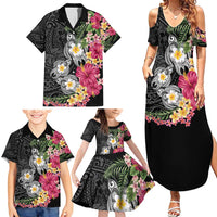 Hawaiian Tropical Flowers and Tribal Turtles Family Matching Summer Maxi Dress and Hawaiian Shirt Polynesian Art Motifs Black Color - Polynesian Pride