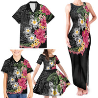 Hawaiian Tropical Flowers and Tribal Turtles Family Matching Tank Maxi Dress and Hawaiian Shirt Polynesian Art Motifs Black Color LT03 - Polynesian Pride