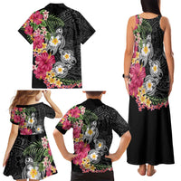 Hawaiian Tropical Flowers and Tribal Turtles Family Matching Tank Maxi Dress and Hawaiian Shirt Polynesian Art Motifs Black Color - Polynesian Pride
