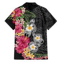 Hawaiian Tropical Flowers and Tribal Turtles Family Matching Tank Maxi Dress and Hawaiian Shirt Polynesian Art Motifs Black Color LT03 - Polynesian Pride