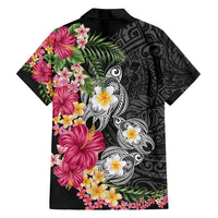 Hawaiian Tropical Flowers and Tribal Turtles Family Matching Tank Maxi Dress and Hawaiian Shirt Polynesian Art Motifs Black Color - Polynesian Pride