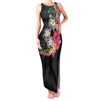Hawaiian Tropical Flowers and Tribal Turtles Family Matching Tank Maxi Dress and Hawaiian Shirt Polynesian Art Motifs Black Color - Polynesian Pride
