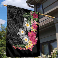 Hawaiian Tropical Flowers and Tribal Turtles Garden Flag Polynesian Art Motifs Black Color - Polynesian Pride