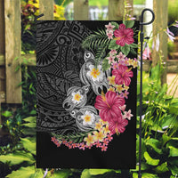 Hawaiian Tropical Flowers and Tribal Turtles Garden Flag Polynesian Art Motifs Black Color - Polynesian Pride