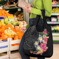 Hawaiian Tropical Flowers and Tribal Turtles Grocery Bag Polynesian Art Motifs Black Color - Polynesian Pride