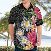 Hawaiian Tropical Flowers and Tribal Turtles Hawaiian Shirt Polynesian Art Motifs Black Color - Polynesian Pride