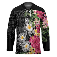Hawaiian Tropical Flowers and Tribal Turtles Hockey Jersey Polynesian Art Motifs Black Color - Polynesian Pride