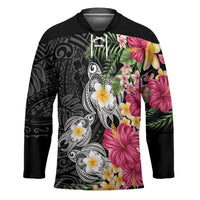 Hawaiian Tropical Flowers and Tribal Turtles Hockey Jersey Polynesian Art Motifs Black Color - Polynesian Pride