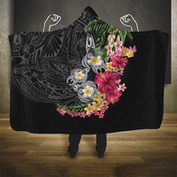 Hawaiian Tropical Flowers and Tribal Turtles Hooded Blanket Polynesian Art Motifs Black Color - Polynesian Pride