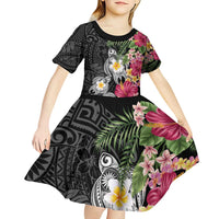 Hawaiian Tropical Flowers and Tribal Turtles Kid Short Sleeve Dress Polynesian Art Motifs Black Color - Polynesian Pride