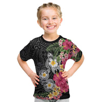 Hawaiian Tropical Flowers and Tribal Turtles Kid T Shirt Polynesian Art Motifs Black Color - Polynesian Pride