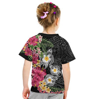 Hawaiian Tropical Flowers and Tribal Turtles Kid T Shirt Polynesian Art Motifs Black Color - Polynesian Pride