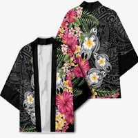 Hawaiian Tropical Flowers and Tribal Turtles Kimono Polynesian Art Motifs Black Color - Polynesian Pride