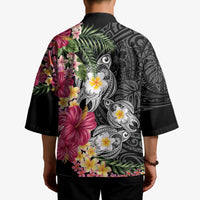 Hawaiian Tropical Flowers and Tribal Turtles Kimono Polynesian Art Motifs Black Color - Polynesian Pride