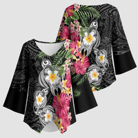Hawaiian Tropical Flowers and Tribal Turtles Kimono Sleeve Blouse Polynesian Art Motifs Black Color - Polynesian Pride