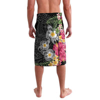 Hawaiian Tropical Flowers and Tribal Turtles Lavalava Polynesian Art Motifs Black Color - Polynesian Pride