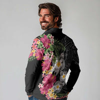 Hawaiian Tropical Flowers and Tribal Turtles Long Sleeve Polo Shirt Polynesian Art Motifs Black Color - Polynesian Pride