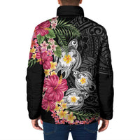 Hawaiian Tropical Flowers and Tribal Turtles Padded Jacket Polynesian Art Motifs Black Color - Polynesian Pride