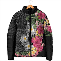 Hawaiian Tropical Flowers and Tribal Turtles Padded Jacket Polynesian Art Motifs Black Color - Polynesian Pride