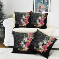 Hawaiian Tropical Flowers and Tribal Turtles Pillow Cover Polynesian Art Motifs Black Color - Polynesian Pride
