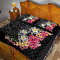 Hawaiian Tropical Flowers and Tribal Turtles Quilt Bed Set Polynesian Art Motifs Black Color - Polynesian Pride