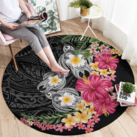 Hawaiian Tropical Flowers and Tribal Turtles Round Carpet Polynesian Art Motifs Black Color - Polynesian Pride