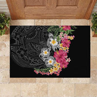 Hawaiian Tropical Flowers and Tribal Turtles Rubber Doormat Polynesian Art Motifs Black Color - Polynesian Pride