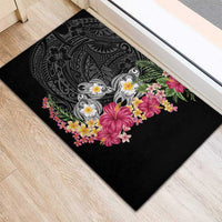 Hawaiian Tropical Flowers and Tribal Turtles Rubber Doormat Polynesian Art Motifs Black Color - Polynesian Pride