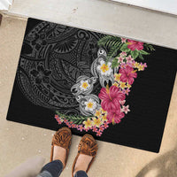 Hawaiian Tropical Flowers and Tribal Turtles Rubber Doormat Polynesian Art Motifs Black Color - Polynesian Pride