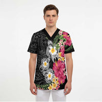 Hawaiian Tropical Flowers and Tribal Turtles Scrub Top Polynesian Art Motifs Black Color - Polynesian Pride