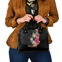 Hawaiian Tropical Flowers and Tribal Turtles Shoulder Handbag Polynesian Art Motifs Black Color - Polynesian Pride
