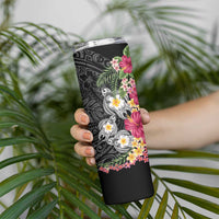 Hawaiian Tropical Flowers and Tribal Turtles Skinny Tumbler Polynesian Art Motifs Black Color - Polynesian Pride