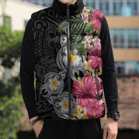 Hawaiian Tropical Flowers and Tribal Turtles Sleeveless Puffer Jacket Polynesian Art Motifs Black Color - Polynesian Pride