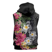 Hawaiian Tropical Flowers and Tribal Turtles Sleeveless Zip Hoodie Polynesian Art Motifs Black Color - Polynesian Pride