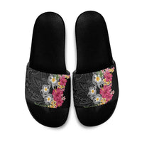 Hawaiian Tropical Flowers and Tribal Turtles Slide Sandals Polynesian Art Motifs Black Color - Polynesian Pride