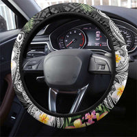 Hawaiian Tropical Flowers and Tribal Turtles Steering Wheel Cover Polynesian Art Motifs Black Color - Polynesian Pride