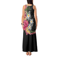 Hawaiian Tropical Flowers and Tribal Turtles Tank Maxi Dress Polynesian Art Motifs Black Color - Polynesian Pride