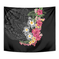 Hawaiian Tropical Flowers and Tribal Turtles Tapestry Polynesian Art Motifs Black Color - Polynesian Pride