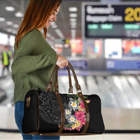 Hawaiian Tropical Flowers and Tribal Turtles Travel Bag Polynesian Art Motifs Black Color - Polynesian Pride