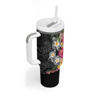 Hawaiian Tropical Flowers and Tribal Turtles Tumbler With Handle Polynesian Art Motifs Black Color - Polynesian Pride