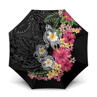 Hawaiian Tropical Flowers and Tribal Turtles Umbrella Polynesian Art Motifs Black Color - Polynesian Pride