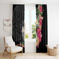 Hawaiian Tropical Flowers and Tribal Turtles Window Curtain Polynesian Art Motifs Black Color - Polynesian Pride